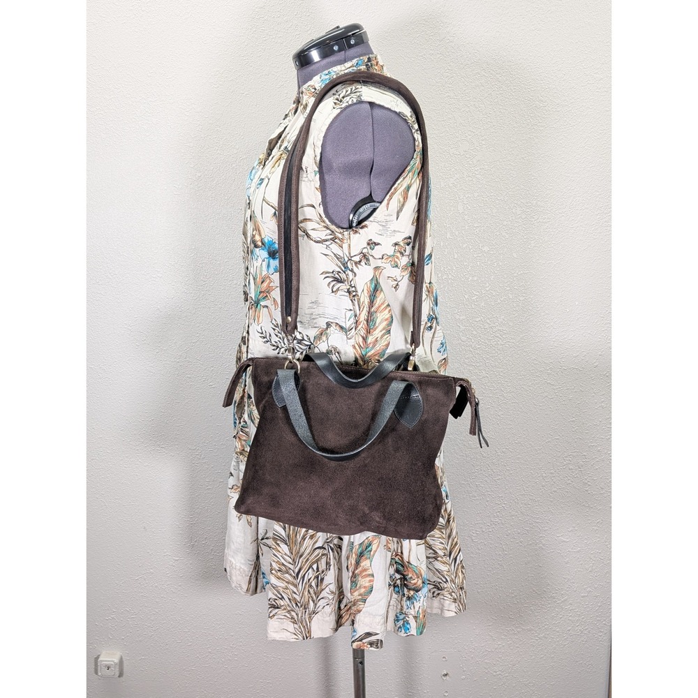 Brown Suede Leather‎ Satchel Bag Top Handle with Detachable Strap